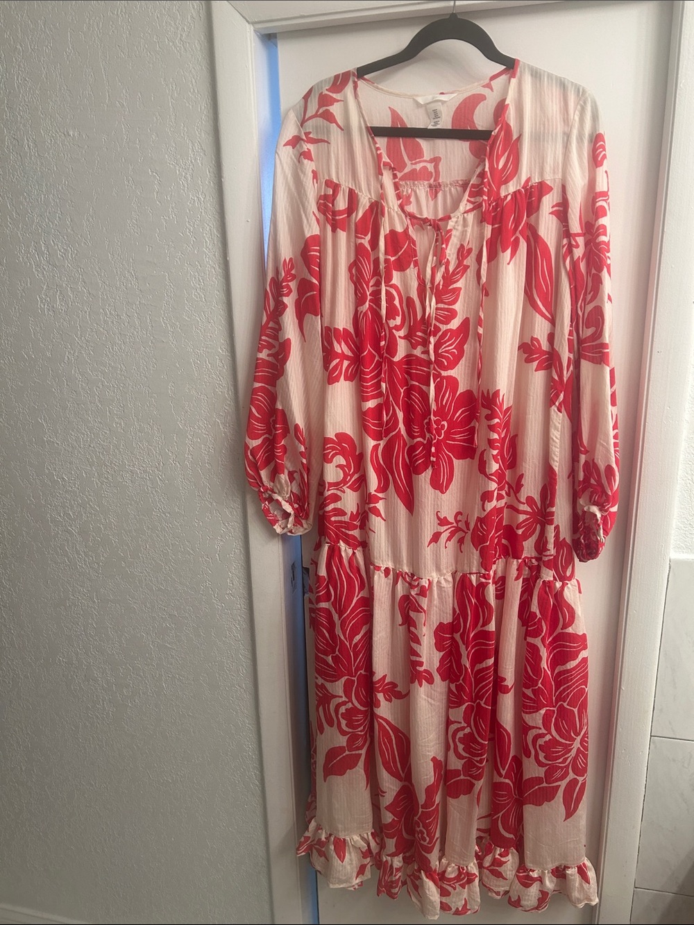 H&M Cream Dress with Red Floral Print, Long Sleeve Tiered Maxi